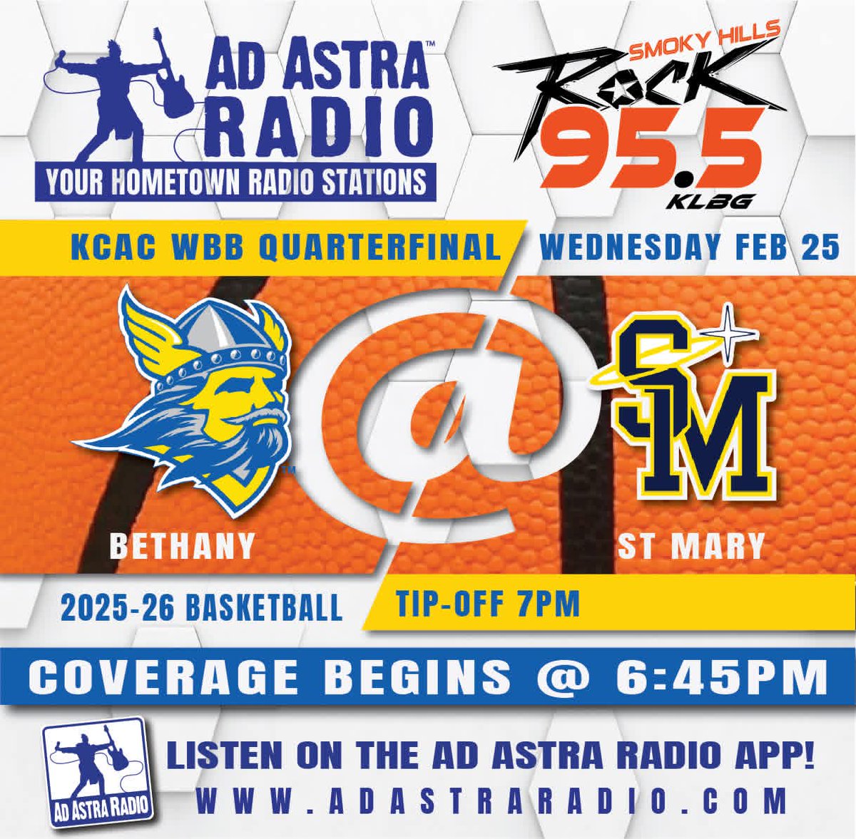 Tonight: KCAC Tournament Quarterfinal
🏀 Bethany @ Saint Mary
⏰ 6:45 PM
📻 Smoky Hills Rock 95.5 KLBG-FM
📱 Ad Astra Radio App
🎙 <a href="/dusty40/">𝐷𝑢𝑠𝑡𝑦 𝐷𝑒𝑖𝑛𝑒𝑠 🎙</a>

<a href="/BethanySwedes/">Bethany Swedes</a> <a href="/bcswedeswbb/">Bethany Women’s Basketball</a>
