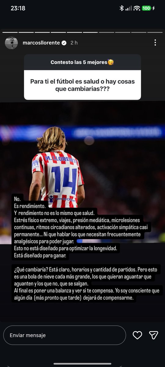 🗣️⚽ OJO A LO QUE DICE LLORENTE 

"El fútbol es estrés físico, viajes, presión mediática... Está DISEÑADO para GANAR"

"Hay que poner una balanza si te compensa o no. Algún día (más pronto que tarde) DEJARÁ de COMPENSARME"

- [<a href="/marcosllorente/">Marcos Llorente</a> vía IG]