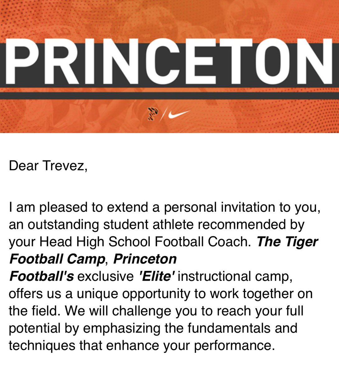 Thanks <a href="/SVerbit/">Stephen Verbit</a> for the invitation to the elite instructional the tigers football camp. I look forward to attending and showing my skills set. <a href="/CoachJTW/">Johnny T. White</a> <a href="/routeking_1/">RouteKing</a> <a href="/recruitDCHS/">Douglas County Football</a> <a href="/PrincetonFTBL/">Princeton Football</a>