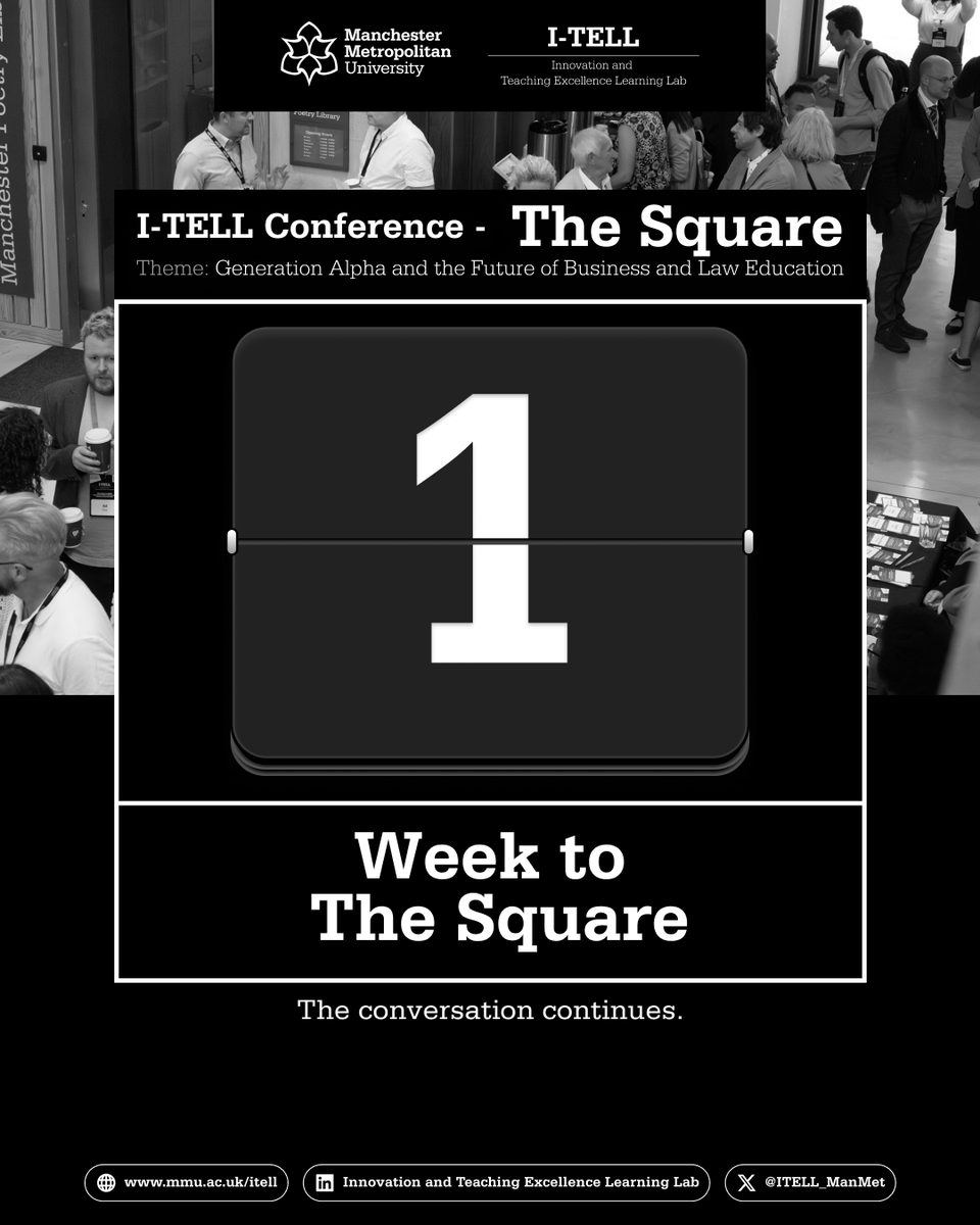 ITELL_ManMet's tweet photo. 1 week to go.

Next Friday: The Square.

Let’s rethink Business &amp; Law education together.

#TheSquare2026 #ITELL2026 #HigherEducation https://t.co/ck0IYPkwAE