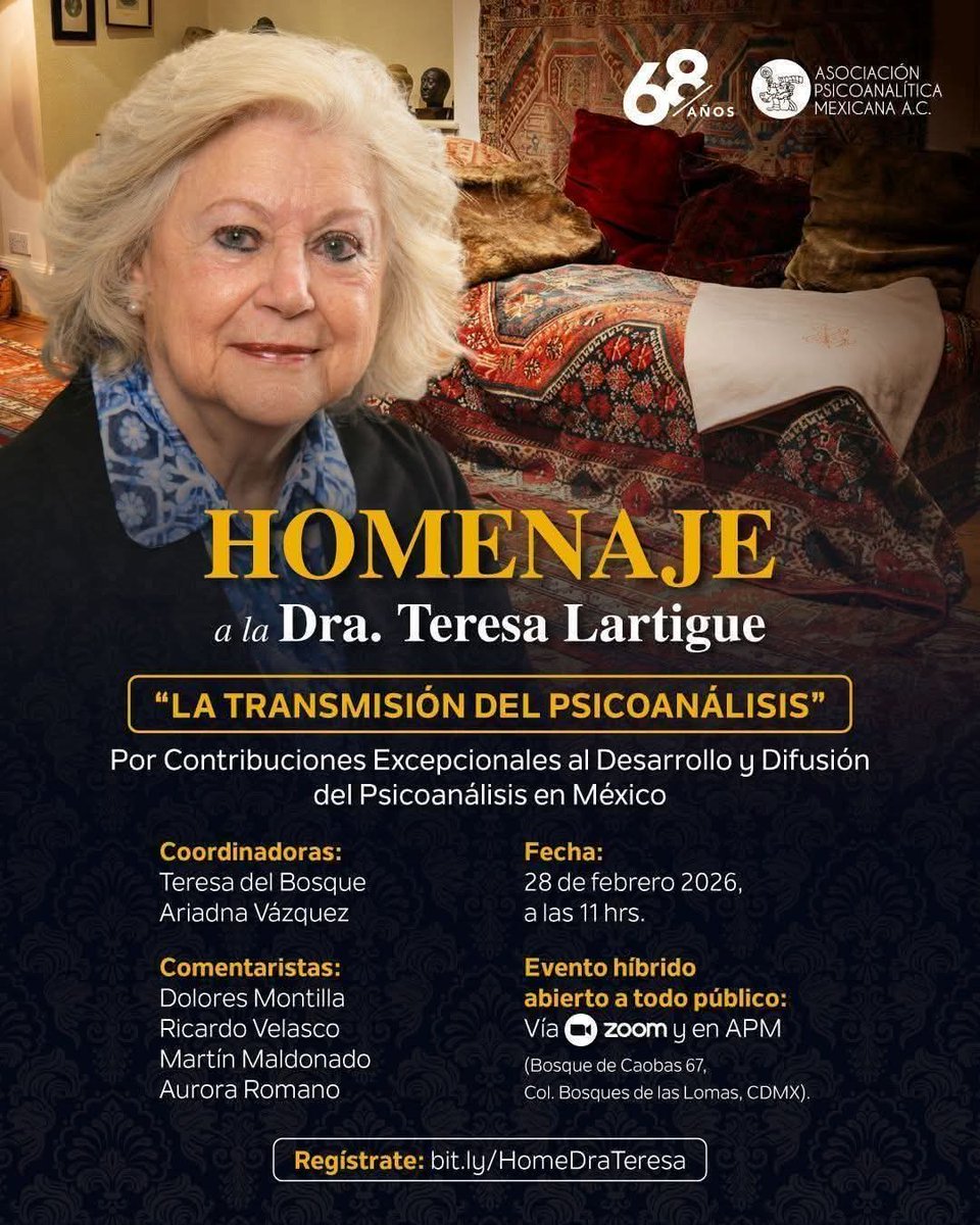 APM_Online's tweet photo. Regístrate en: https://t.co/1hmXgenBh9 #ComunidadAPM #Psicoanálisis #EventosAPM #TeresaLartigue #México https://t.co/i1jICBGVMz