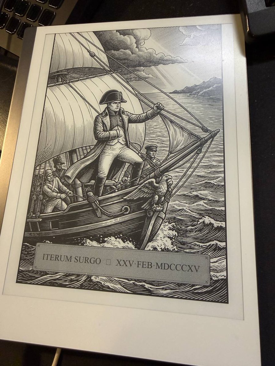 harryrberg's tweet photo. My reMarkable 2 now shows new AI-generated wall art every morning at 07:00.

Today: Napoleon escaping Elba, Feb 25 1815 — rendered as an Albrecht Dürer woodcut.
ITERUM SURGO. I rise again. 

E-ink was made for this. https://t.co/sjqu45ysUv