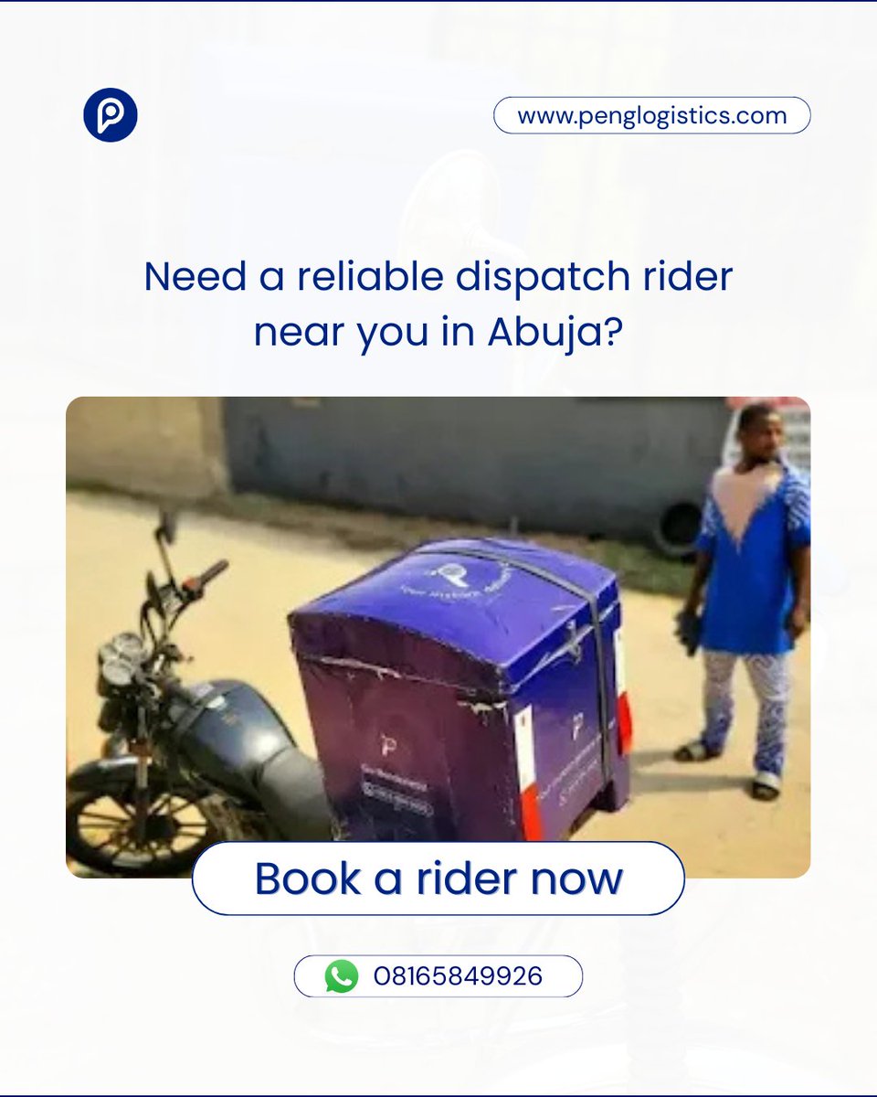 penglogistics's tweet photo. We deliver across Abuja, fast and secure 📦❤️

Book a dispatch rider near you now in Abuja for reliable same-day delivery across The FCT.

* https://t.co/kiTAGLsvmc to book a rider ⤴️

#AbujaDelivery #penglogistics https://t.co/xR2NnWS99z
