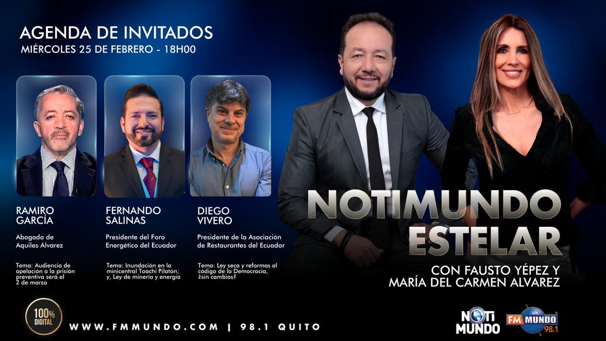 🌎#AGENDA | Las noticias y los protagonistas que marcan la jornada informativa míralos en #NotiMundoEstelar con <a href="/faustoyepezTA/">Fausto Yépez</a> y #MaríaDelCarmenÁlvarez.

🎙️<a href="/ramirogarciaf/">𝐑𝐚𝐦𝐢𝐫𝐨 𝐆𝐚𝐫𝐜í𝐚 𝐅</a>
🎙️<a href="/LuisFerSalinas/">Fernando Salinas</a>
🎙️<a href="/DiegoViveroL/">Diego Vivero Loayza</a>

📻 Sintoniza 98.1 #Quito
#Fmmundo, 100% digital📲
🔴Míranos por