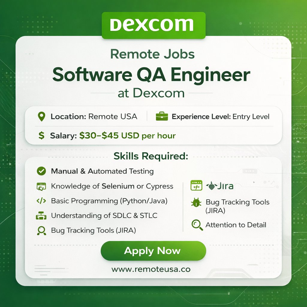 remoteusaco's tweet photo. 🏢 Company: Dexcom

🧾 Job Role: Software QA Engineer

📍 Location: Remote USA

🔗 Apply Now: https://t.co/pLMpEprEnZ

👉 Follow on X : https://t.co/i4pYhJx1j8 https://t.co/N3kWYamJ8a