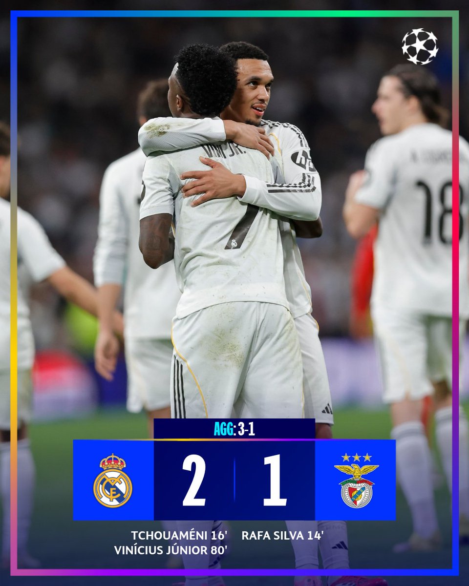 NigeriainfoFM's tweet photo. RMAβͺοΈ 2-1 π΄BEN
Real Madrid overcame an initial threat after Benfica levelled the tie with an early goal, scoring two goals in each half to end Benfica's dreams of possibly qualifying for the round of sixteen.
#RMDBEN #ChampionsLeague #RMABEN #Vini https://t.co/yGR2tDJqN3