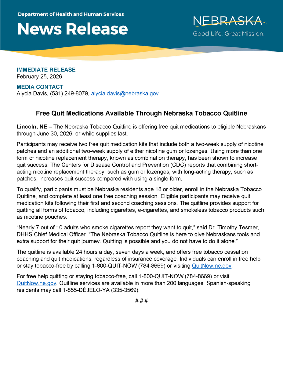 nebraska tobacco quitline The Nebraska Tobacco Quitline is offering free quit medications to eligible  Nebraskans through June 30, 2026, or while supplies last. Learn more:  https://t.co/HMMzndwzo5