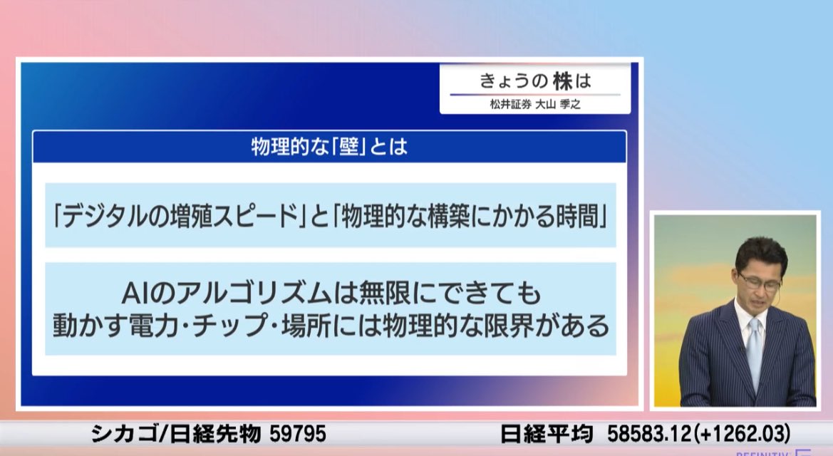 nikkei_4451's tweet image. 松井証券　大山さん
世界のAI投資は今、物理的な壁にぶち当たっていて、電力やチップ、場所の限界に市場は気付き始めた段階。その中で三菱重工に注目で、高市トレードの核心となる防衛、電力インフラ全てを握る。足元、実物資産の金を凌駕する株価推移で、重工業の価値が年々高まっている。#モーサテ