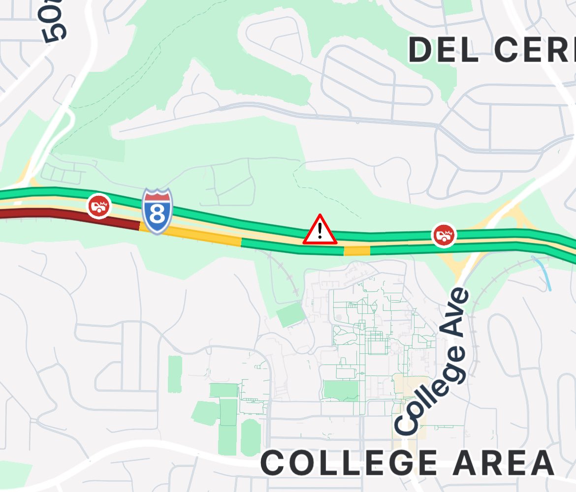 ⚠️TRAFFIC ALERT⚠️
A multi-vehicle traffic collision is blocking the center lanes of eastbound 8 at College Ave.