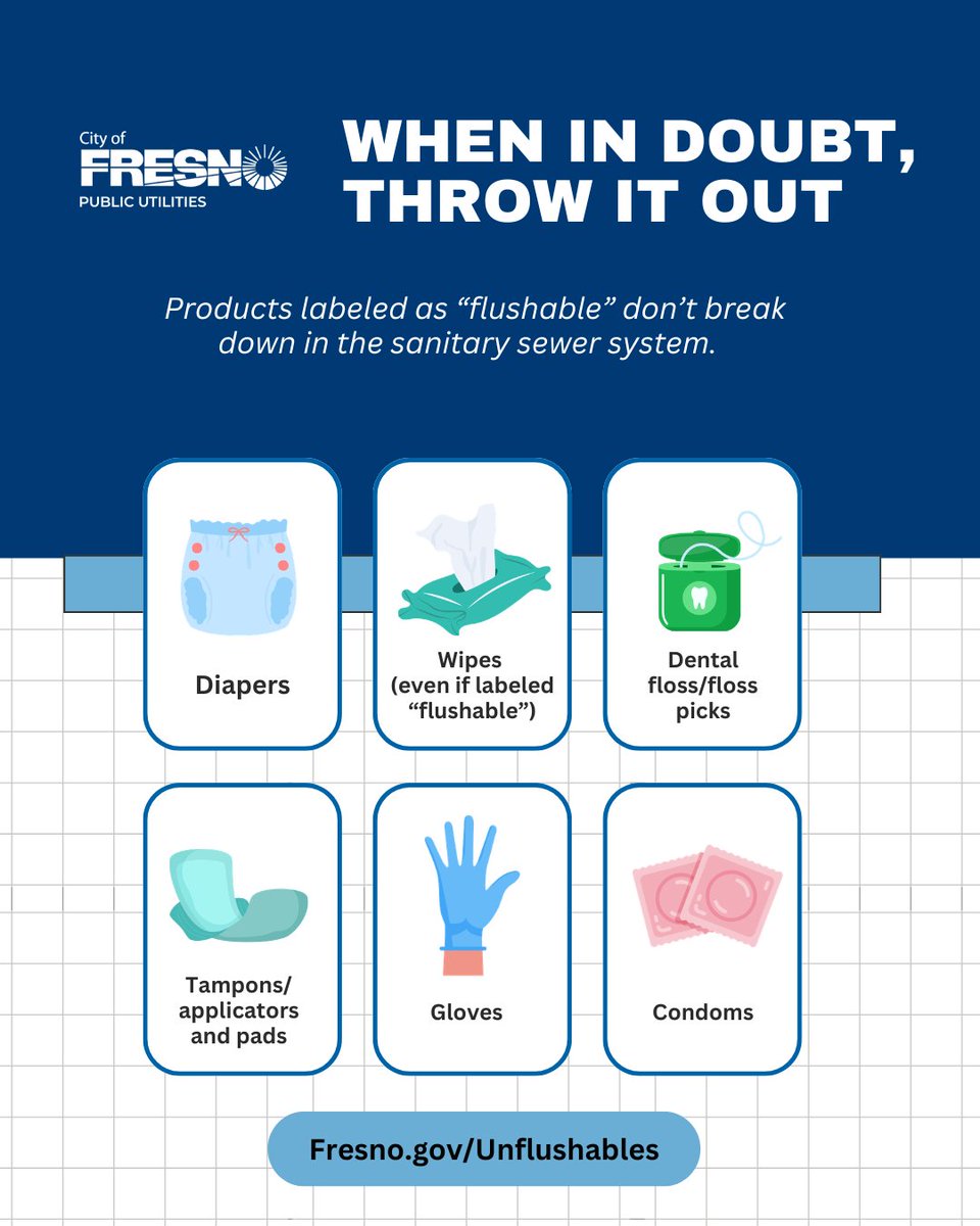 🚽⚠️ Toilets aren't trash cans.

Flushing the wrong items can clog pipes, damage equipment, and cause sewer issues—costing Fresno thousands.

Flush only toilet paper.

Learn more: Fresno.gov/Unflushables