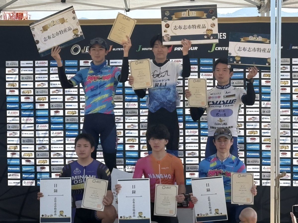 cur2000801's tweet photo. 【リザルト】
鹿屋肝付ロードレース
E2/E3
16位　　大村航平　　
37位　　芦原健太郎
DNS        河野星成　　

JBCF志布志クリテリウム
E3
1位🥇　芦原健太郎　

〈以下本人コメント〉

・大村航平

今回は肝付ロードレースはE2E3混走でもあり、順位としては渋い結果となりましたが、芦原くんと声を掛け合いながらチームで走れたことがよかったです。お互いの走り方を知れたので次連携できる時はもっとよくなると思います。
志布志クリテリウムではしっかり1位でチームに嬉しい初勝利をもたらしてくれました！この勢いにチームメンバーも続いていけたらと思います！

・芦原健太郎

スポンサー様ならびにたくさんの方のサポートにより、スタートラインに立つことができました。心より感謝申し上げます。
鹿屋・肝付ロードレースはエースとして出場させていただきました。最終周回の登りで遅れましたが、スプリント前に理想的な位置が取れました。しかし脚が残っておらず集団に埋もれてのゴール（37位）となりました。
志布志クリテリウムは常に前で展開し、脚を温存しました。終盤まで逃げは決まらず、集団スプリントとなりました。ラスト250mから2名が先行し、その後ろにつきました。ラスト100mから踏み直し、3番手から差し切ることができ1着でゴールできました。
登り、距離への耐性をつけ、さらに良い結果が出せるよう努めます。

スポンサーの皆様並びに関係者の皆様、たくさんのご声援を誠にありがとうございました。
今回の勝利は、皆様のご支援と応援があってこそ掴み取ることができたものです。
心より感謝申し上げます。
今後も結果で恩返しできるよう全力で挑戦してまいりますので、引き続き応援のほどよろしくお願いいたします。