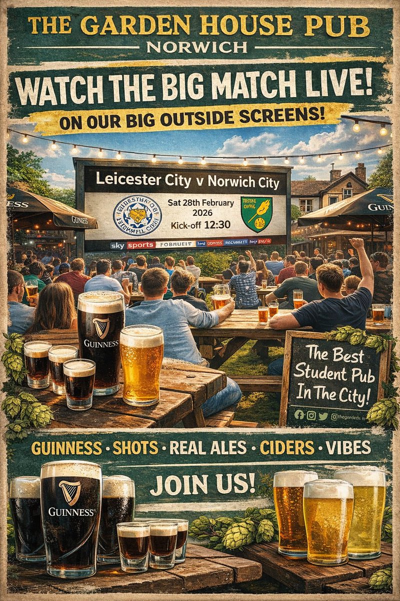 TheGardenHouse5's tweet image. ⚽️ BIG SCREEN ACTION THIS SATURDAY ⚽️
Leicester v Norwich
Live on our MASSIVE outside screens 🍻
Guinness.
Shots.
Real ales.
Ciders.
Proper vibes.
Round up the group. Get down early. Let’s make it loud.
📍 The Garden House Pub, Norwich
#NCFC #LeicesterCity #StudentVibes