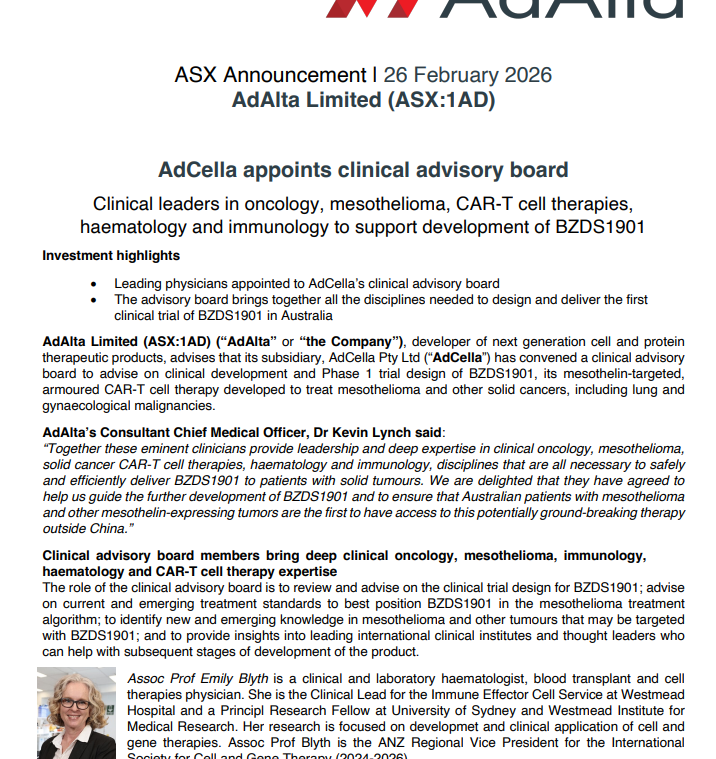 MrShare_expert's tweet photo. #1AD #Biotech #lOWmc #CAR-T
Clinical leaders in oncology, mesothelioma, CAR-T cell therapies, haematology and immunology to support development of BZDS1901
⚡️Leading physicians appointed to AdCella’s clinical advisory board
⚡️ The advisory board brings together all the disciplines needed to design and deliver the first clinical trial of BZDS1901 in Australia