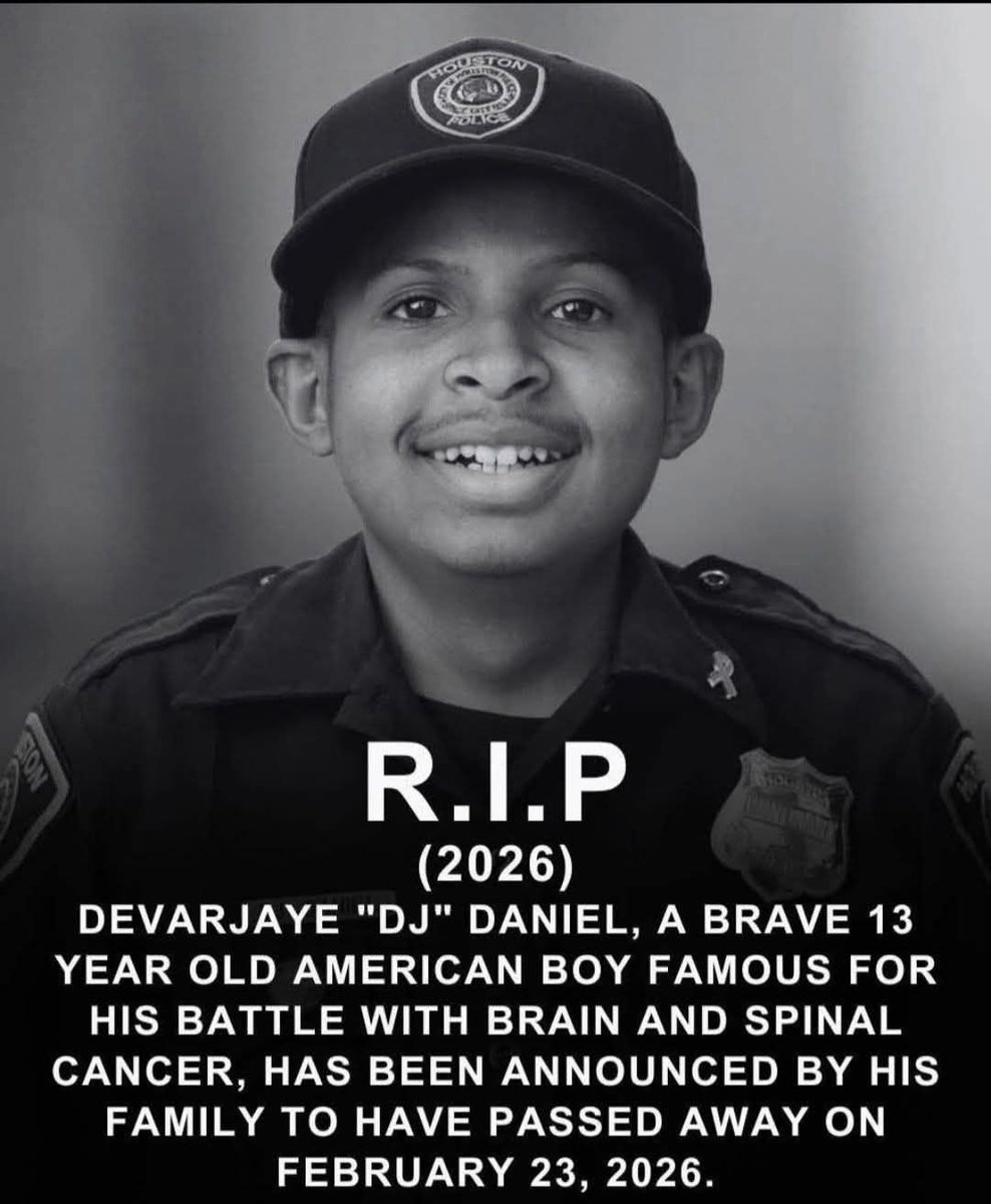 RogueWarrior47's tweet image. RIP DJ!
Based on social media reports from February 25, 2026, 13-year-old Devarjaye "DJ" Daniel, known for his courageous battle against terminal brain and spinal cancer and his honorary service with over 1,000 law enforcement agencies, has passed away. He was famously sworn in