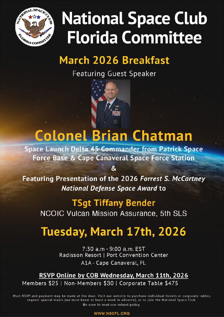 NSCFL's tweet photo. Join us for BREAKFAST with Col. Brian Chapman, commander of Space Launch Delta 45, on March 17. https://t.co/7dTee4qjOT https://t.co/Op1eBjzEl2