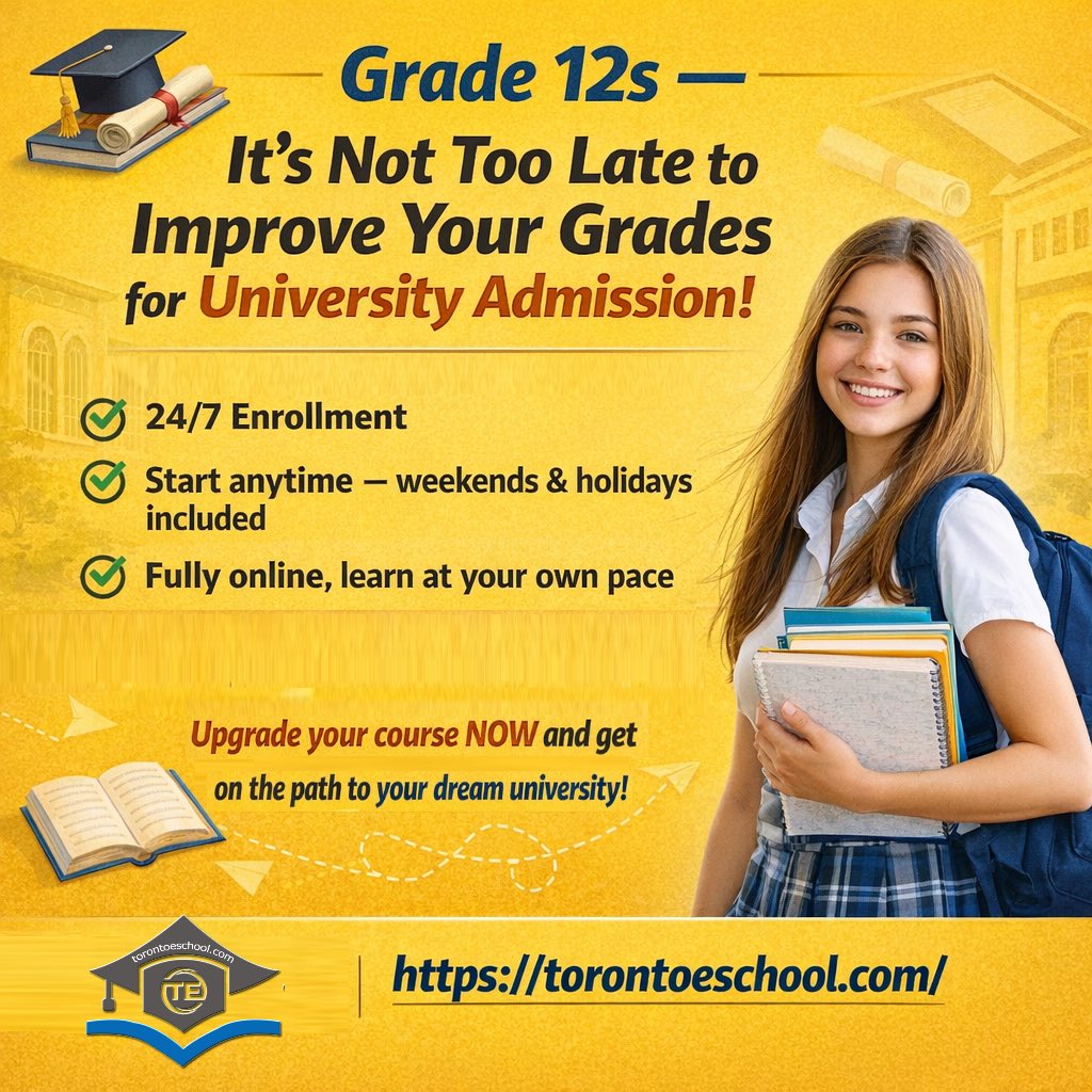 TorontoeSchool's tweet photo. Grade 12s — It’s Not Too Late to Improve Your Grades for University Admission!
  - 24/7 Enrollment
  - Start anytime — weekends &amp; holidays included
  - Fully online, learn at your own pace
  - Boost your marks before university deadlines

#OSSD #ENG4U #MHF4U #MCV4U #SCH4U #SBI4U https://t.co/llF72AMkwX