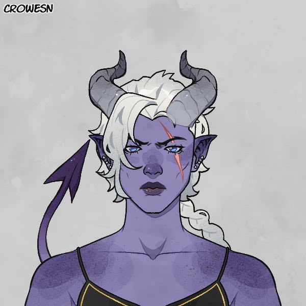 Starting a new D&amp;D game tonight. This is Vellista (tiefling fighter). She’s an ex-soldier and former private security for a noble family, who is now just fundamentally sick of everyone’s shit and would very much like to retire but some punkass kids have decided to form an