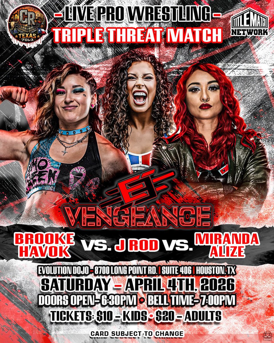 OfficiallyHH's tweet photo. First match has been set 💨 

April 4th we will have @BrookeHavok Vs @jrodprowrestle Vs @MirandaAlize_ 🧨

A must see event at Houstons Dojo ⚡️ 

Tickets on sale now 🎟️ 

📅 04-04 
⏰ 7PM (doors 6:30) 
🎫- link https://t.co/oyOM4SjULT https://t.co/TkQuaecYAp
