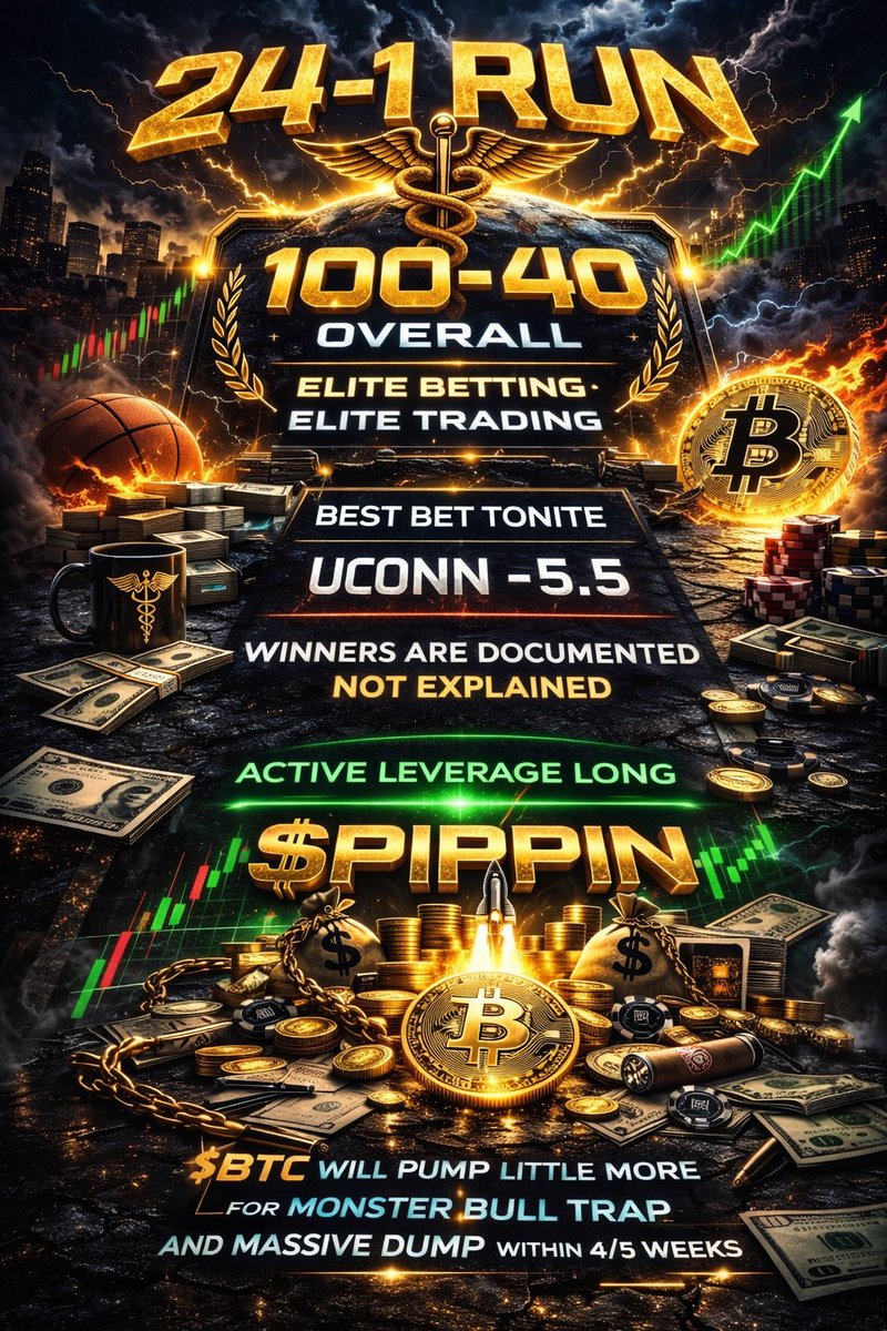 DrCryptoAlpha's tweet photo. Flow State continues.

Selective.
Patient.
Unemotional.

24-1.
Execution speaks.

Winners are documented —
not explained.

— The Clinic
DrCrypto 

#PIPPIN 

#HUSKIES huge revenge game and prep for #MARCHMADNESS run. 
#UCONN https://t.co/XvpHVuh0sr