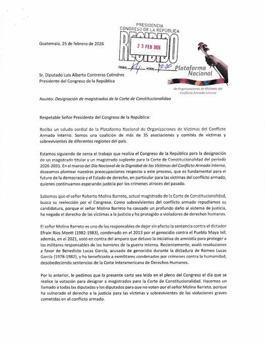 Víctimas del conflicto armado rechazan reelección de Molina Barreto a la Corte de Constitucionalidad

📝 La Plataforma Nacional de Organizaciones de Víctimas del Conflicto Armado Interno, que agrupa a más de 35 asociaciones, pidió al <a href="/CongresoGuate/">Congreso Guatemala</a> no reelegir a Roberto Molina