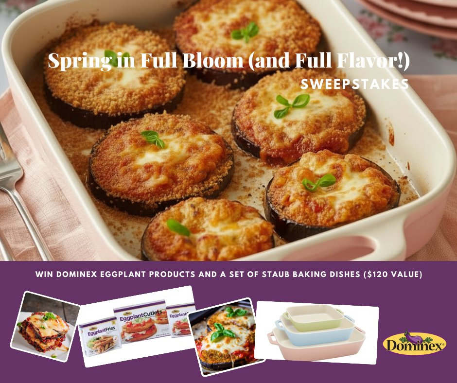 🌷 Bloom, Bake &amp; #Win! 🍆✨ Enter: woobox.com/hxr59f to win #Dominex Eggplant Cutlets or Fries + a Staub Pastel Bakeware Set—perfect for spring brunches! 💛 #ContestAlert #Sweepstakes #Giveaway #SpringBrunch #Vegetarian #Foodie  Retweet for extra entries.