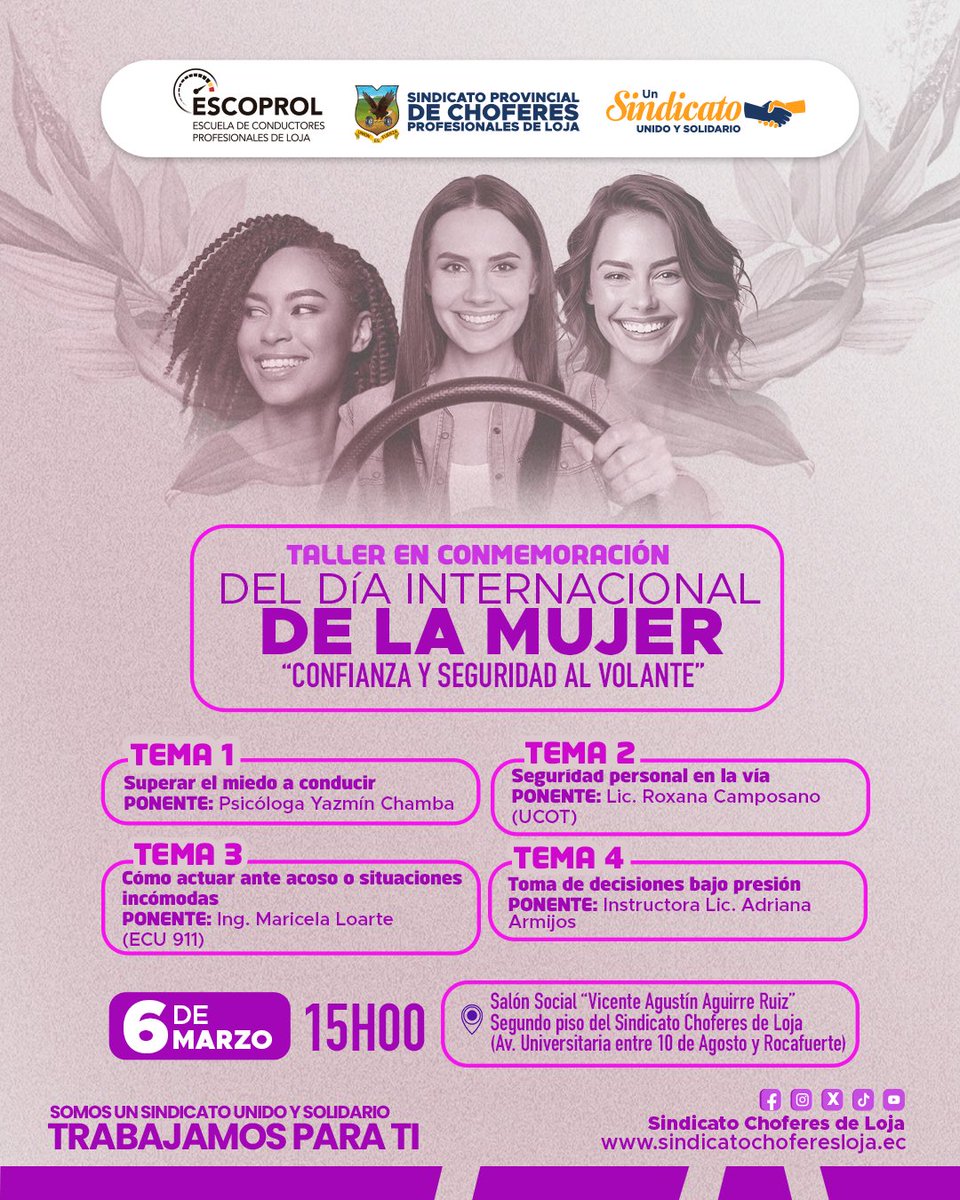💜 Conmemoramos el Día Internacional de la Mujer a través de un espacio educativo

👩🏻👱🏻‍♀️Nuestra Escoprol te invita a participar en el taller “Confianza y Seguridad al Volante” 🚗✨

🎓 Se entregará certificado.

📲 Inscríbete aquí y asegura tu cupo:
forms.gle/GzfNkHVv6LUmLp…