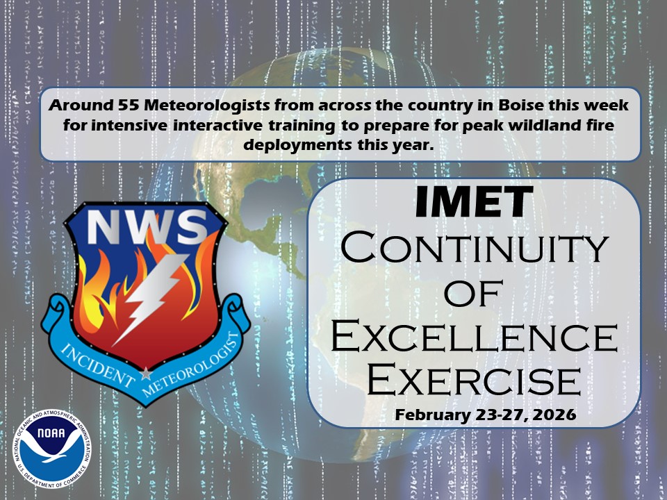 NWS_IMET_OPS's tweet photo. 55 certified and trainee Incident Meteorologists (IMETs) are in Boise, ID this week for the Incident Meteorologist Continuity of Excellence Exercise. #catchingexcellence https://t.co/8OoyMIGKyI