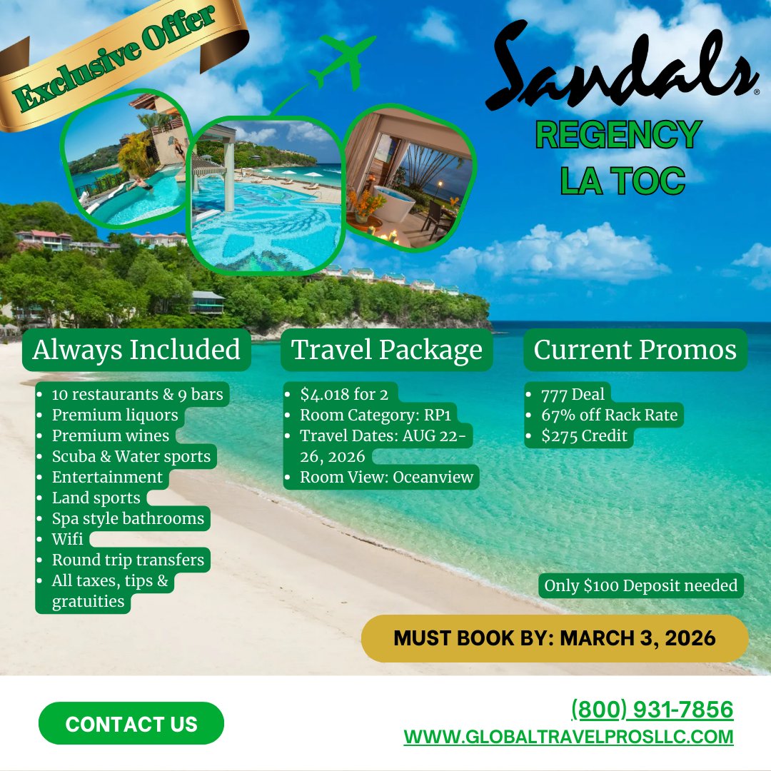 CPGTP's tweet photo. 🌺 Sandals Regency La Toc
Experience romance &amp; stunning views at Regency La Toc 💫 Luxury suites, ocean vistas &amp; special value. Only $100 deposit! 🌊✨ Book now—limited offer! 📩

#SandalsRegencyLaToc
#SaintLucia
#LuxuryResort
#RomanticTravel
#CaribbeanViews https://t.co/bmIIiUqKxq