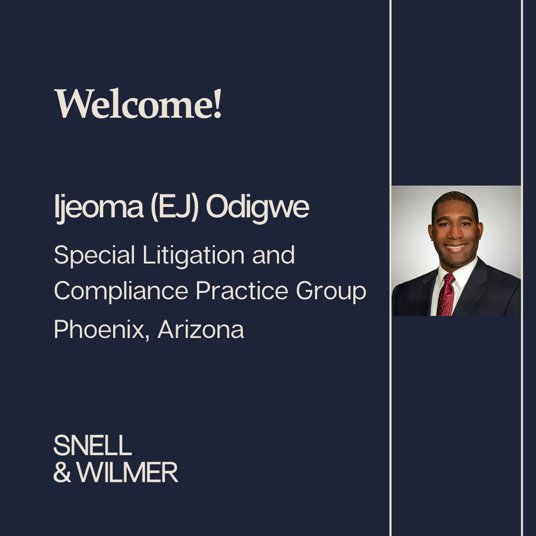 Snell &amp; Wilmer is pleased to announce that EJ Odigwe has joined the firm’s Phoenix office as an associate in its Special Litigation and Compliance Practice Group.

Read more here: bit.ly/4cOXdFT.