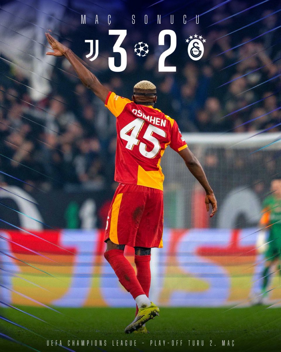 Uzatmalarda gelen zaferin tadı bir başka ☺️ Juventus’u evine gönderip Son 16 biletini kapan Galatasaray'ı tebrik ediyorum. Çok büyüksün Galatasaray Türkiye’nin gururu
❤️💛🇹🇷
<a href="/GalatasaraySK/">Galatasaray SK</a> <a href="/ultrAslan/">ultrAslan</a> <a href="/victorosimhen9/">Victor Osimhen</a> <a href="/Barisalperyilmz/">Barış Alper Yılmaz</a>