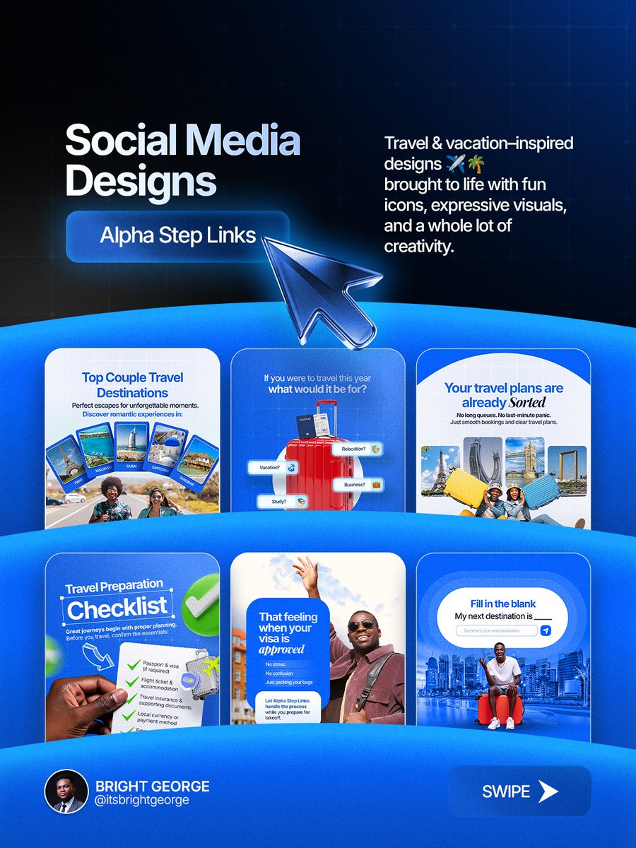 Georges_signage's tweet photo. I redesigned Alpha Step Links’ social media presence by creating consistency in fonts, colors, and overall brand feel across all post.
_______

Need to elevate your brand designs? Send a DM today and let's get started

#GraphicDesign #socialmediadesign #branddesign #travelagency https://t.co/HsTQiMP8T5