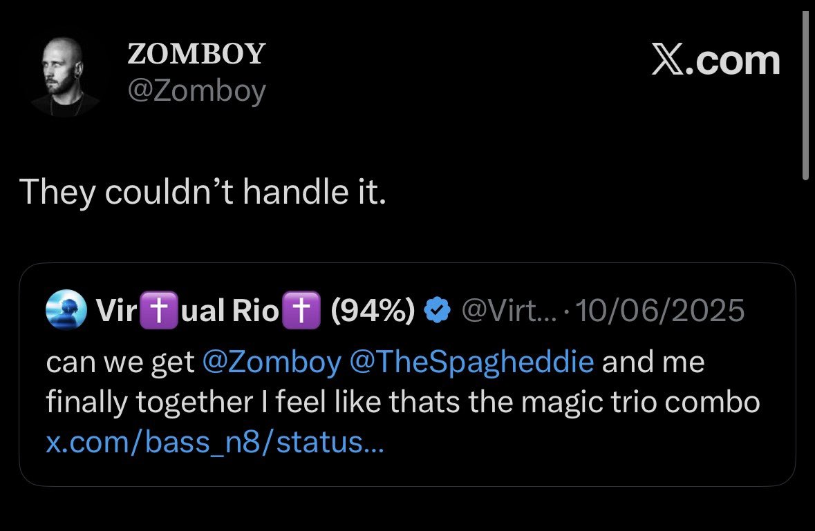 TomMiitomo's tweet photo. @NawtystepBlog @Zomboy @BARELYALIVEUS I hope Zomboy does more brostep collabs, I will never forget these tweets. We could be getting closer to this one day 🙏 https://t.co/tX2z1YNhUC