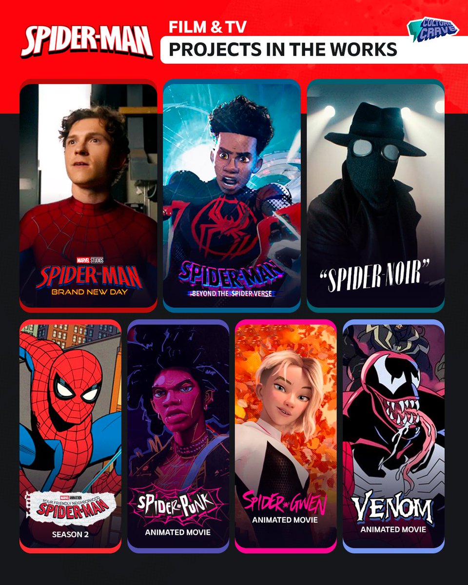 CultureCrave's tweet photo. 7 upcoming Spider-Man projects 🕸️ https://t.co/7spL0lxHG8