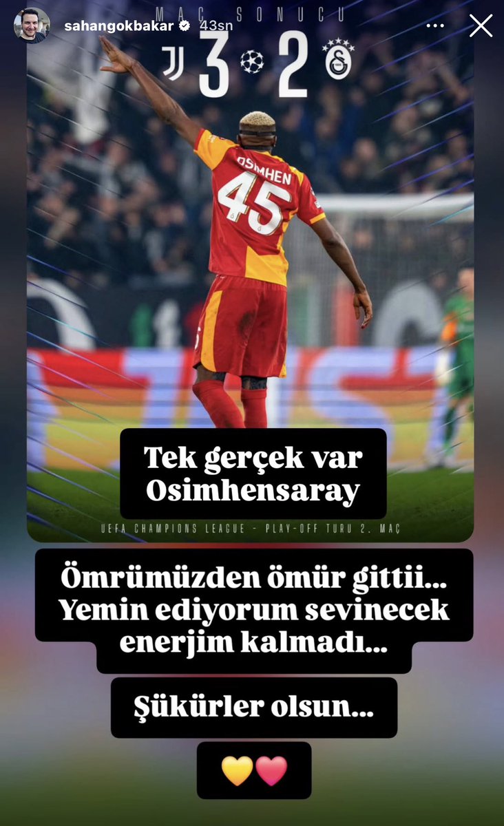 PesindeyizApp's tweet photo. Şahan Gökbakar: "Tek gerçek var Osimhensaray. Ömrümüzden ömür gitti.
Yemin ediyorum sevinecek enerjim kalmadı. Şükürler olsun…. 💛❤️" https://t.co/7hrRIb8zHh