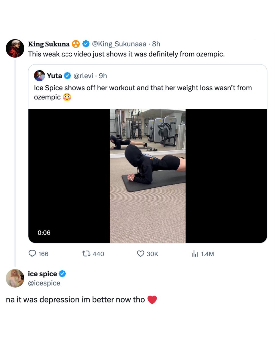 Ice Spice responds to Ozempic allegations‼️

"na it was depression im better now tho ❤️"