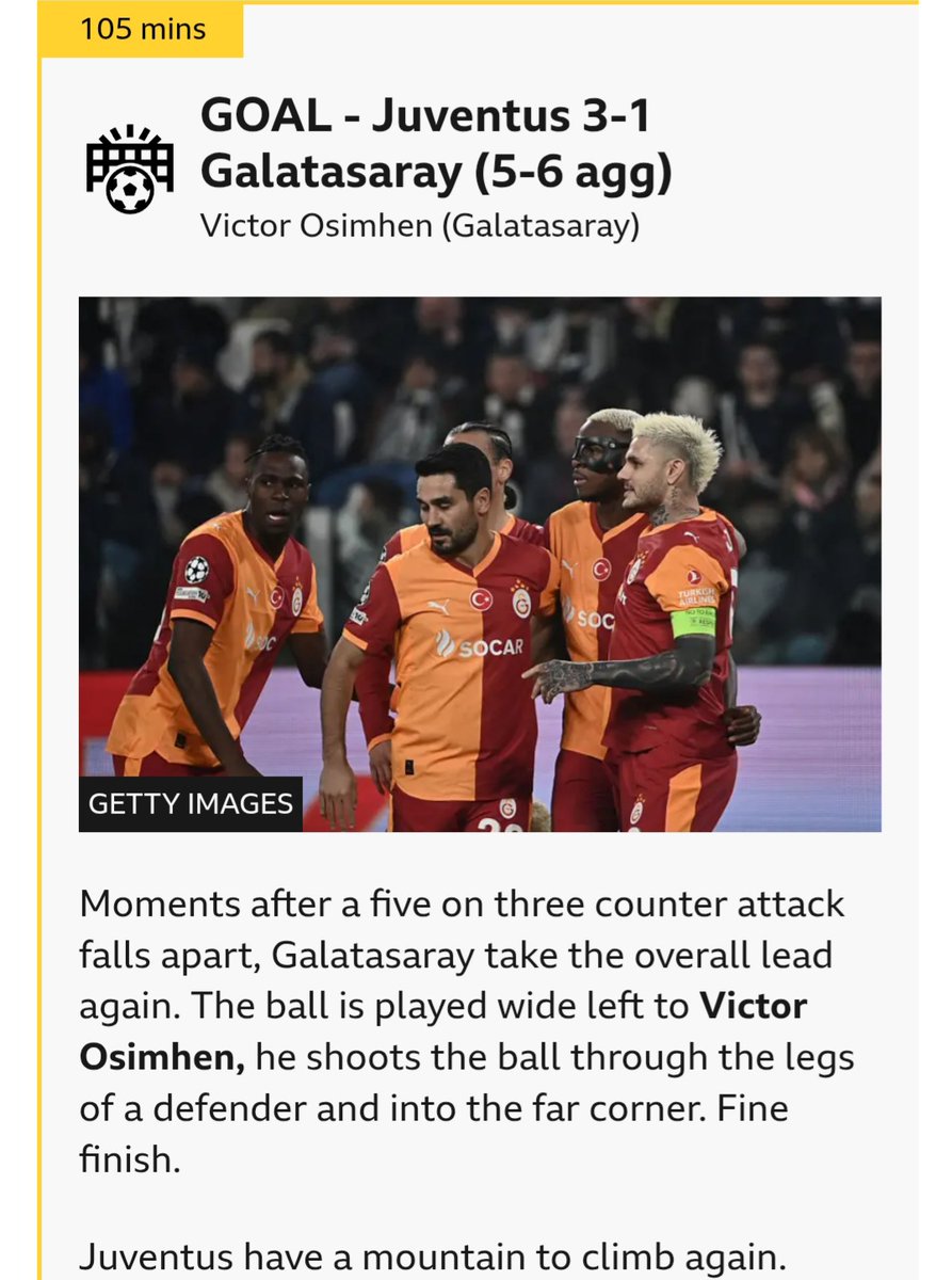 Congratulations <a href="/victorosimhen9/">Victor Osimhen</a> and <a href="/GalatasaraySK/">Galatasaray SK</a>  on your hard fought victory against  <a href="/juventusfcen/">JuventusFC 🇬🇧🇺🇸</a> in Turin.  Aggregate score of 7 - 5  sounds like the stuff of fantasy football but both teams made it happen. Absolute thriller!
#JuventusGalatasaray