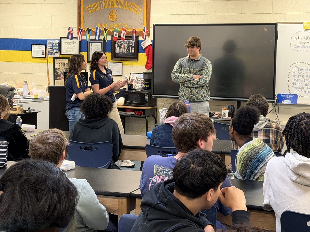 Today for National FFA Week, members enjoyed cupcakes from the Hunt FFA officer team. We also had 2 East Central Region FFA Officers come present to some of our members/classes. Members were educated on the opportunities for leadership and career development events within the FFA