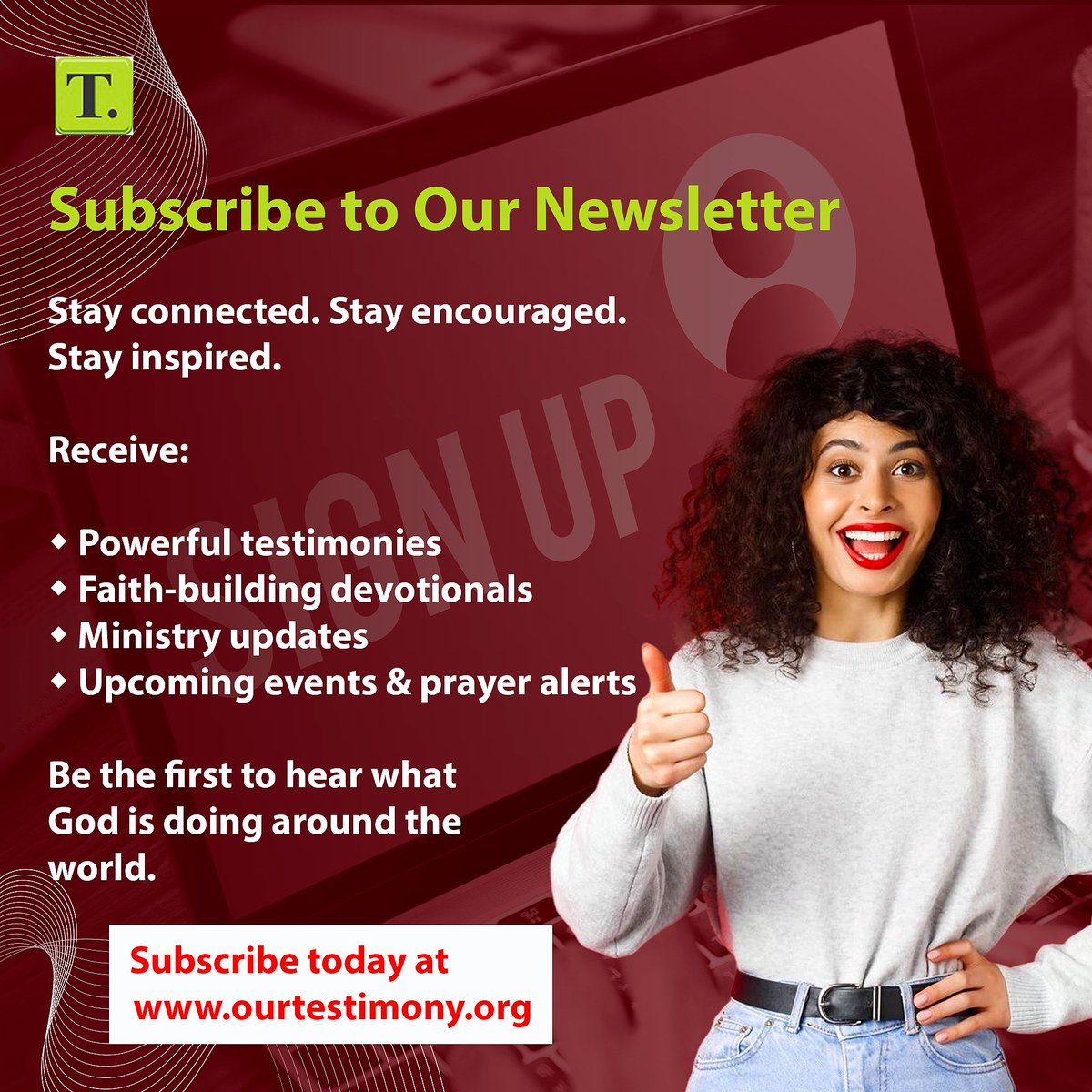 Join a growing community of faith 🙌

Be inspired by powerful testimonies, Bible-based teachings, and faith-building messages that strengthen your walk with God.

🔔 Subscribe now at ourtestimony.org and never miss what God is doing.
Together, let’s grow in faith. ✨