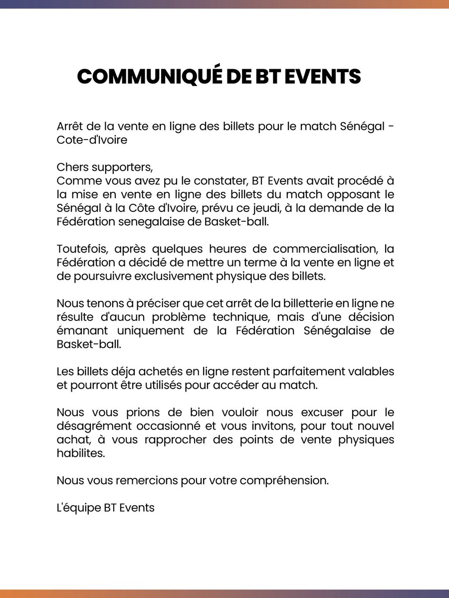 btevents_sn's tweet photo. Communiqué de BT Events relatif à l’arrêt de la vente en ligne des billets pour le match Senegal vs Côte d’Ivoire du jeudi 28/02/2026. 👇 https://t.co/3KIR6JaDS0