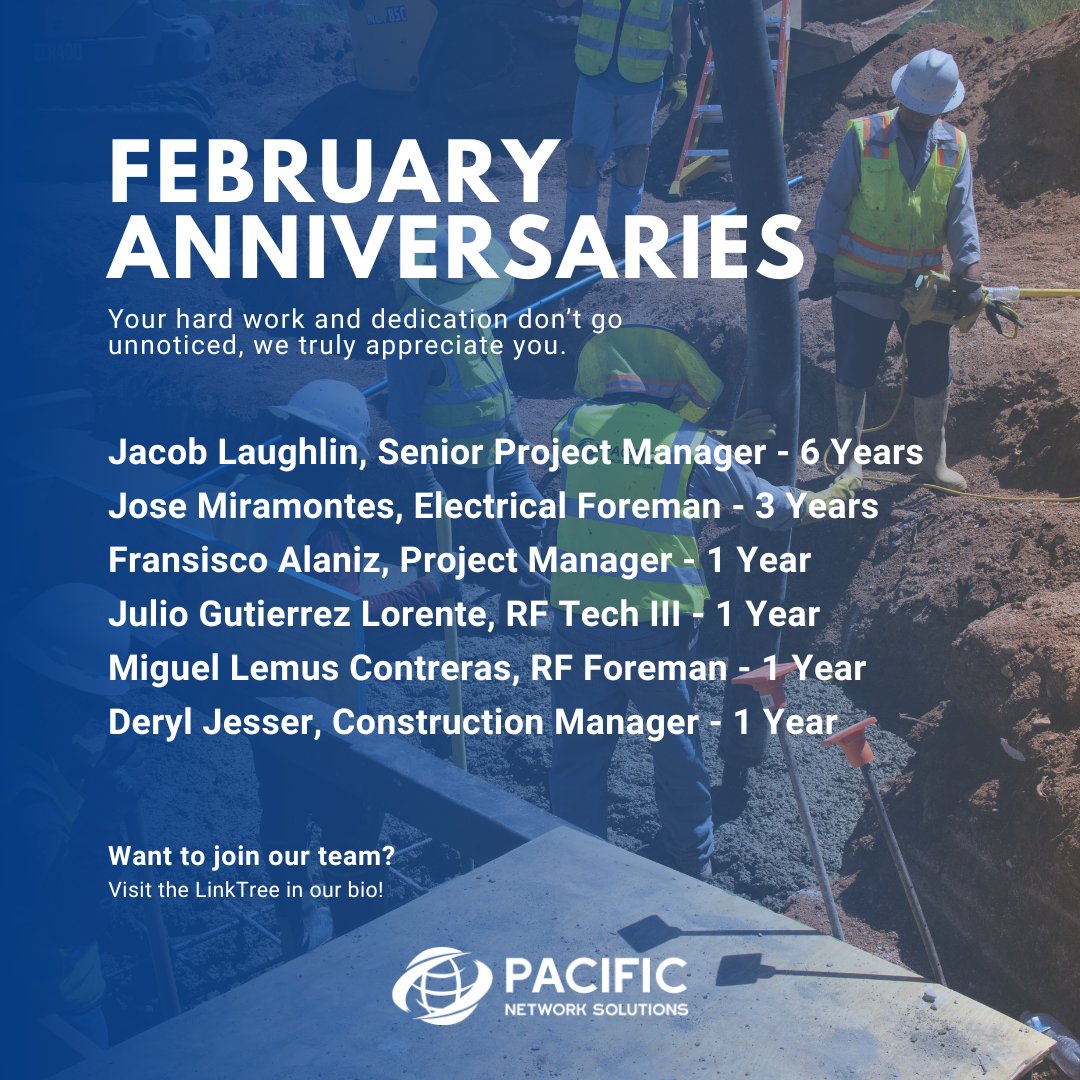 PacNetSolutions's tweet photo. Join us in celebrating our February employee anniversaries! We are so lucky to have you on our team!

#pacificnetworksolutions #telecommunications #construction #telecom #pacnet #anniversaries #anniversary #hiring https://t.co/58lkdX6Qhr