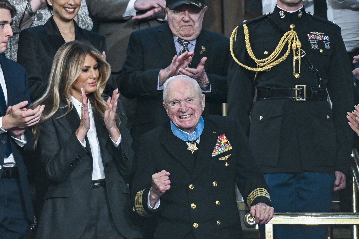 NavalInstitute's tweet image. Last night during the State of the Union, retired U.S. Navy Captain Royce Williams was awarded the Medal of Honor for his extraordinary heroism during the Korean War.

On November 18, 1952, flying an F9F Panther from USS Oriskany, Williams engaged and fought off multiple Soviet