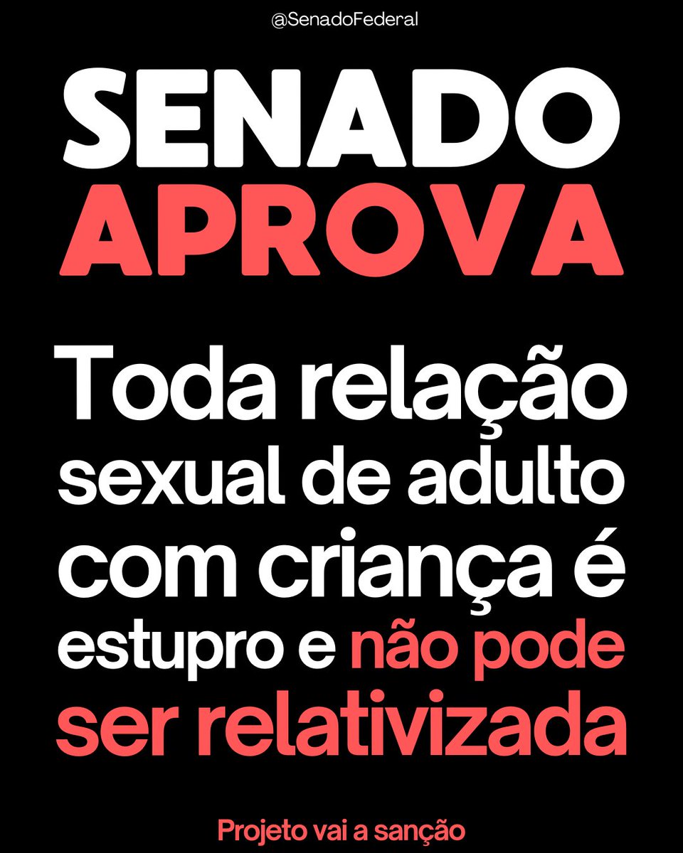 Aprovado projeto que garante presunção absoluta de vulnerabilidade no estupro de vulnerável. A lei considera vulneráveis menores de 14 anos ou quem, por enfermidade, deficiência mental ou outra causa, não tenha discernimento ou resistência www12.senado.leg.br/noticias/mater…