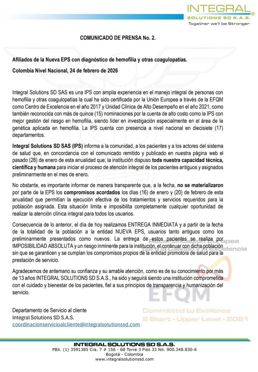 109 pacientes con hemofilia (tratamiento de por vida) quedaron sin atención porque Nueva EPS (intervenida por Petro) debe $8.000 millones y no cumple acuerdos. 

La IPS experta se retira por “imposibilidad absoluta”. 

¿Esto es la “salud para todos”? 
Otro fracaso del modelo