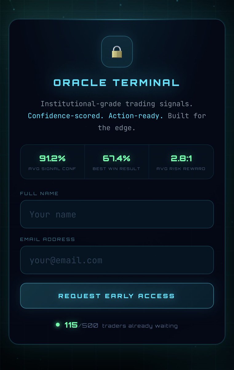 MomoEdgeAI's tweet photo. The Oracle Terminal waitlist is officially open.
Name. Email. That’s it.
First 500 traders get FREE access to the terminal.
Join here:
https://t.co/WX1cisw3H0
#TheOracle #EdgeInMarkets #Trading https://t.co/5J9RlCtfZb