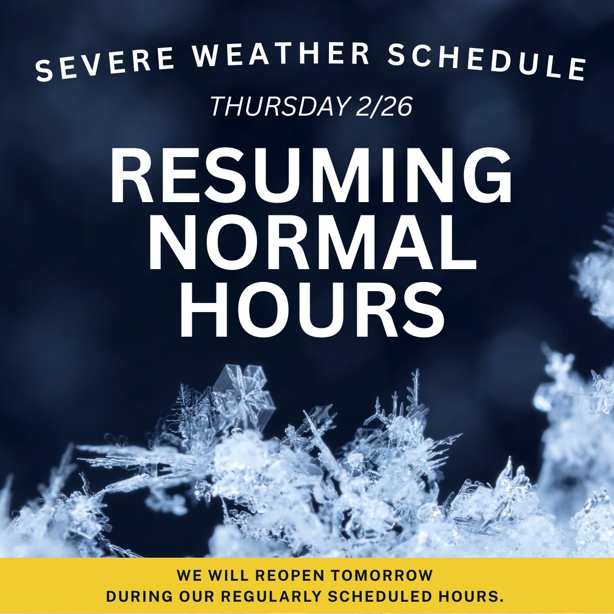 Schedule Update: Thank you for your patience during today’s temporary closure. We’re happy to share that power has been restored and we will reopen tomorrow, Thursday 2/26 during our regular business hours. We appreciate your understanding!