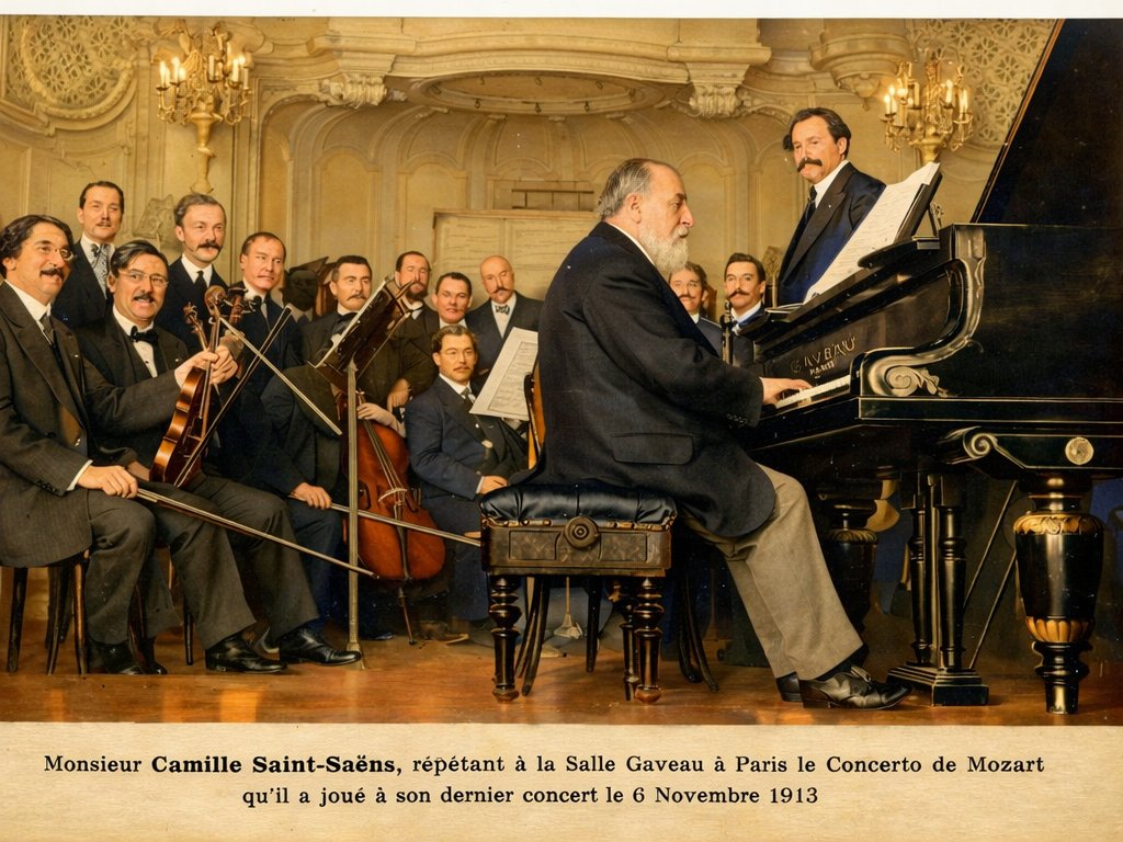 El ensayo del "último" concierto de Camille Saint-Saëns como pianista solista en la Salle Gaveau de Paris, 6 de noviembre de 1913, aunque se anunció como su retiro,  en realidad aún habría de vivir ocho años más y tocaría más conciertos. El director  es nada menos que Pierre