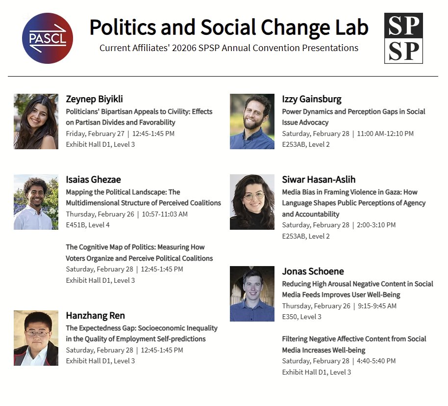 RobbWiller's tweet photo. Chicago-bound for #SPSP2026?

Quick plug to the Politics & Social Change Lab affiliates presenting talks & posters on perceived coalitions, issue advocacy, media framing, inequality, social media & well-being, and other topics. Very proud of them and their work! 😀 

Details below 👇