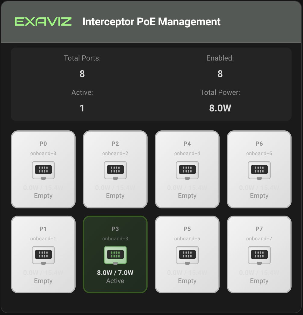 Exaviz's tweet photo. New Home Assistant PoE Plugin is live! 🚀
Monitor &amp; control PoE ports in HA: power usage, device info, temps, on/off toggles + dashboard card.
Interceptor owners: Install now via HACS (needs our Debian packages)!
Docs: https://t.co/qk9ri8gS8q
#HomeAssistant #SelfHosted #Frigate https://t.co/XGcZdwWXgG
