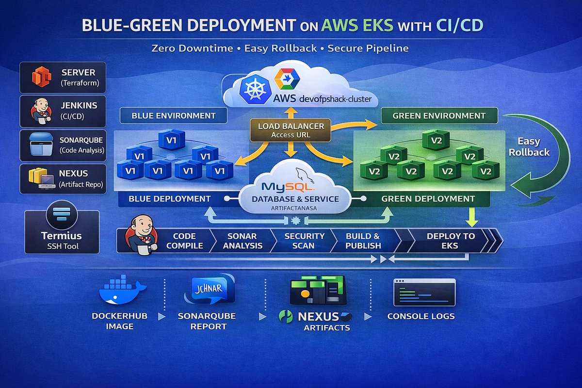 Snsbr2004Sabar's tweet photo. (Zero Downtime ❤️‍🔥. Instant Rollback 🤩. Real DevOps 🤓)
🚀 Parameter-Driven Blue-Green Deployment with Jenkins Pipelines 👨🏻‍💻

✈️ CI/CD + Security + Blue-Green Deployment: A Complete DevOps Project 🎓

      I recently completed a hands-on DevOps project implementing a fully automated Blue-Green Deployment architecture using:
    ☁️ Amazon Web Services (EC2 + EKS)
    ⚙️ Terraform for Infrastructure as Code
    🔁 Jenkins for CI/CD
    🔍 SonarQube for Code Analysis & Quality Gates
    📦 Sonatype Nexus Repository for Artifact Management
    🐳 Docker for Containerization
    ☸️ Kubernetes (EKS Cluster)
    🔐 Trivy for Security Scanning

🏗 Infrastructure Setup 👨🏻💻
Provisioned 4 EC2 instances:
    i) Server – Terraform + EKS cluster creation (devopsshack-cluster)
    ii) Jenkins – CI/CD orchestration
    iii) SonarQube – Static code analysis & Quality Gate enforcement
    iv) Nexus – Artifact repository
Used Termius for secure SSH management across all servers.

🔁 Blue-Green Deployment Strategy 🤓
Core concept:
    🗄 MySQL Database + Service → Constant
    🌍 LoadBalancer URL → Constant
    🚀 Application Environment → Swappable (Blue / Green)

Only the application layer changes. Infrastructure and database remain stable.
I maintained:
    4 Kubernetes YAML files

Traffic switching is handled by dynamically patching the Kubernetes Service selector:
kubectl patch service bankapp-service ...

This ensures:
    ✅ Zero Downtime
    ✅ Instant Rollback
    ✅ Safer Production Releases

🔄 Jenkins Pipeline Highlights 👨🏻💻
    i) Parameterized Builds (DEPLOY_ENV, DOCKER_TAG, SWITCH_TRAFFIC)
    ii) Maven build lifecycle
    iii) Trivy file system & image scanning
    iv) SonarQube Quality Gate enforcement
    v) Artifact publishing to Nexus
    vi) Docker build & push to DockerHub
    vii) Kubernetes deployment via kubeconfig
    viii) Controlled traffic switching

Nothing is hardcoded — everything modular and parameterized.

👀 Visible Outputs 💝
   ✔ DockerHub image versions
   ✔ SonarQube analysis dashboard
   ✔ Nexus artifact repository
   ✔ Jenkins console logs
   ✔ EKS cluster pods and services
   ✔ Application is accessible on both the environments

We must not delete the Blue pod which is running in the Blue Environment, why because we may need to revert back to our old environment for any emergency or unwanted/unknown situations and events.

Fun Part 😅 :-
I forgot that, I created the Cluster using Terraform. And I thought it would be kubectl or eksctl or something else.

Jokes Apart : Don't forget to delete the Cluster 💯✌🏻

🎯 Key Learnings 🤓
    1) Infrastructure as Code prevents manual drift.
    2) Parameterized pipelines enable controlled production releases.
    3) Security scanning must be part of CI, not an afterthought.
    4) Blue-Green deployment significantly reduces deployment risk.
    5) Modular YAML + labels make traffic switching clean and predictable.

This project strengthened my understanding of real-world production deployment strategies and DevSecOps integration.

For more detailed Explanations of this project : https://t.co/4aHLCOH2XP

Special Thanks to @devopsshack  for the Insightful Session on Youtube and Source Code.

Youtube : https://t.co/ZrvKbABDvu

GitHub: https://t.co/AQKtsDqEtV

Would love feedback or discussions on production-grade deployment strategies 👇

Thank you for your Time, See you in the next one 🤝

#DevOps #AWS #Kubernetes #EKS #Terraform #Jenkins #BlueGreenDeployment #DevSecOps