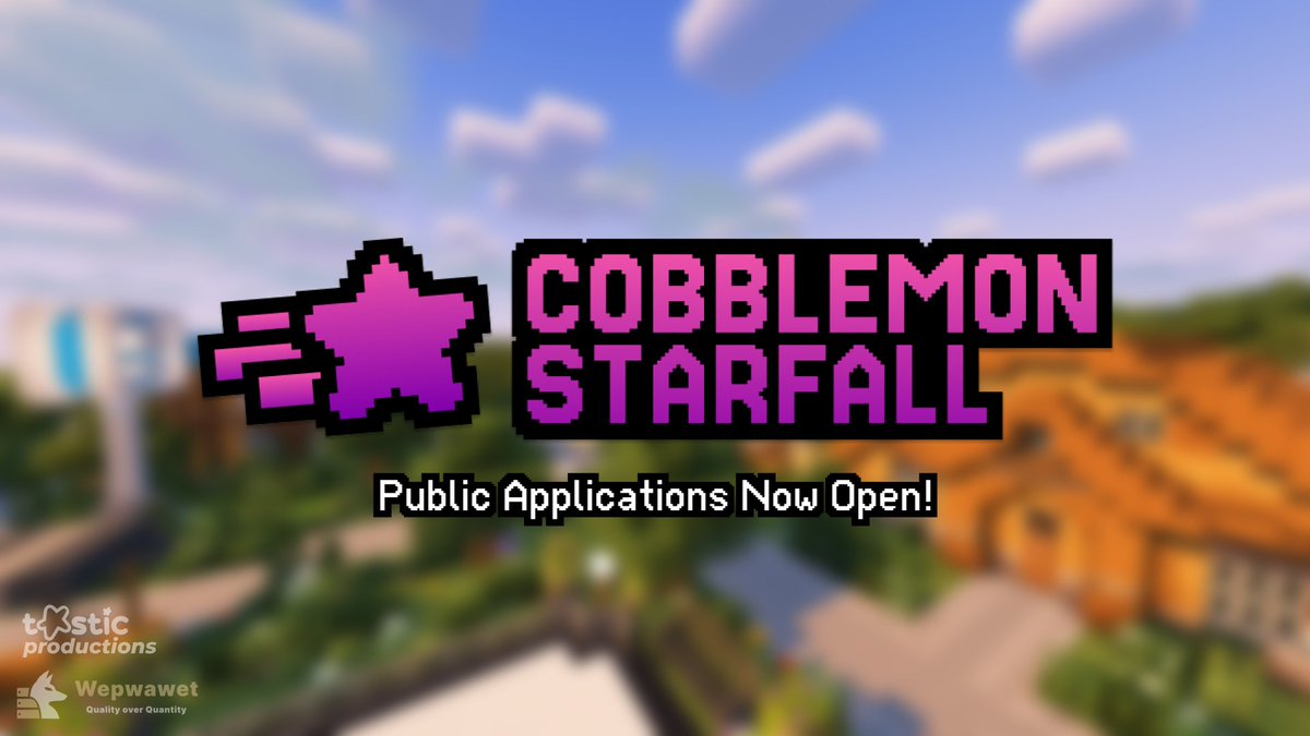 Introducing our next project, Cobblemon: Starfall!

Cobblemon: Starfall is an SMP running a custom Cobblemon modpack with quests, eighteen player-ran gyms, events, and more!

Public applications are now open! Hope to see you there  💫